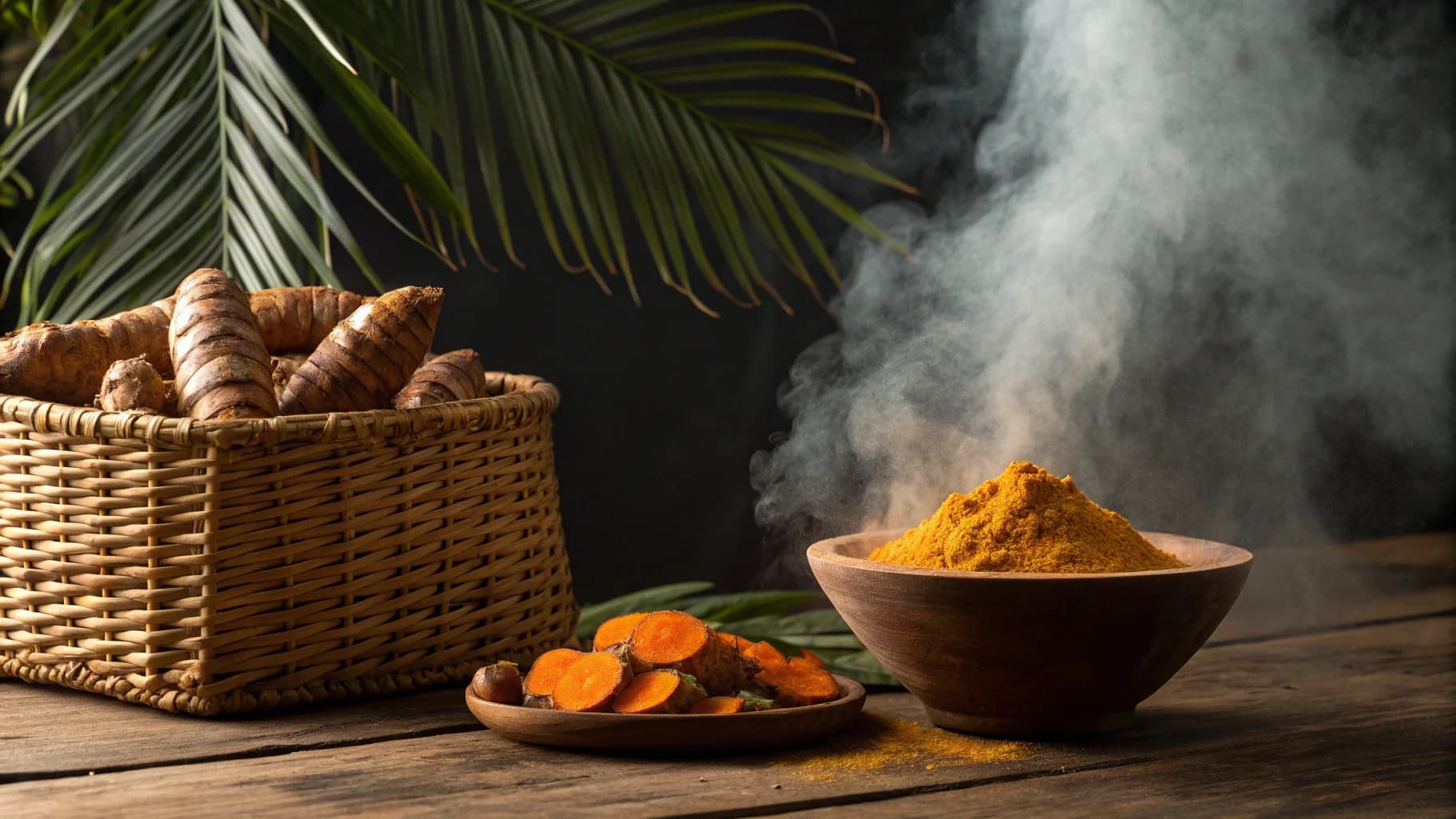 Turmeric powder and roots for wellness recipes
