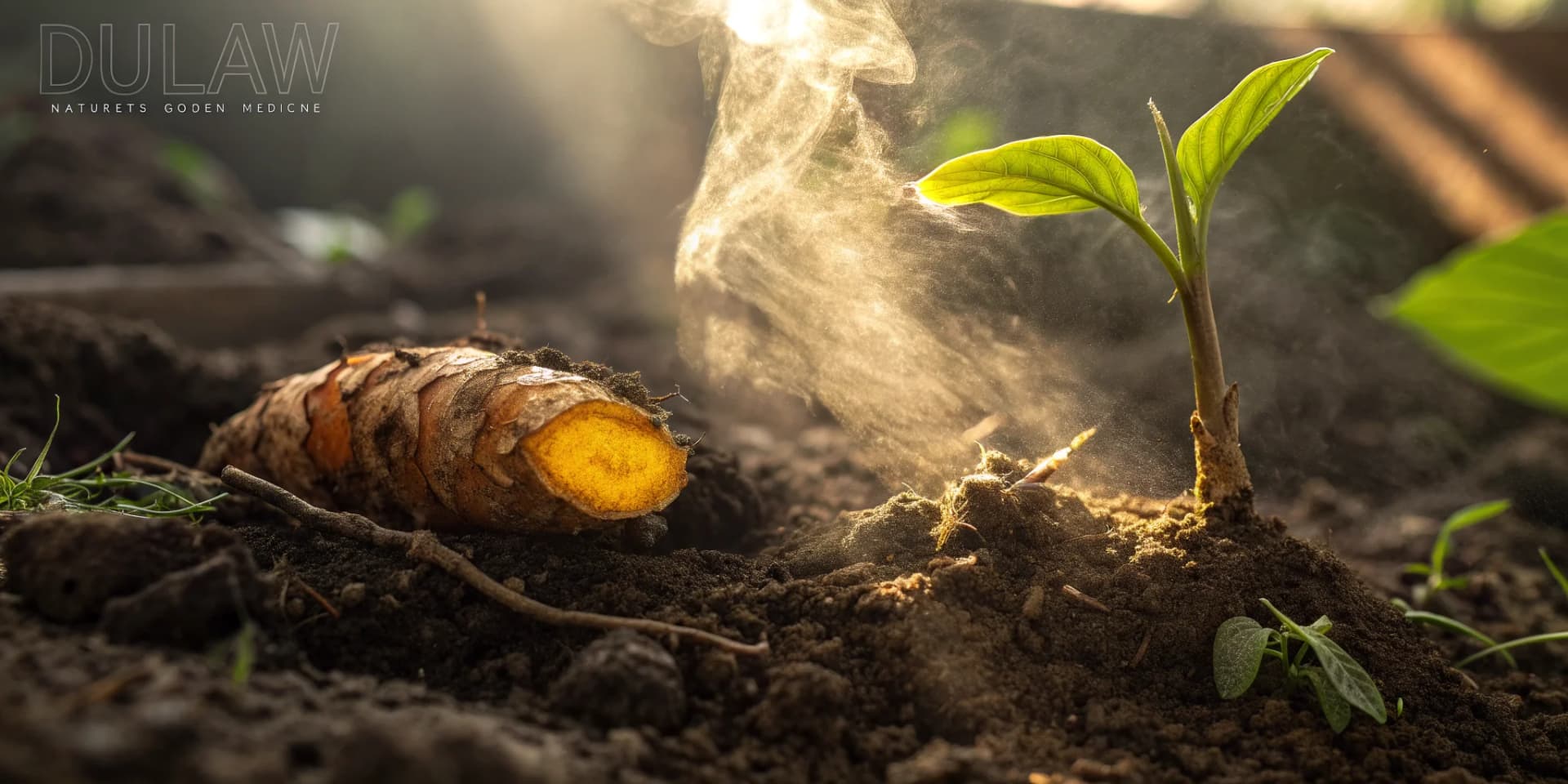 Fresh turmeric root and golden powder